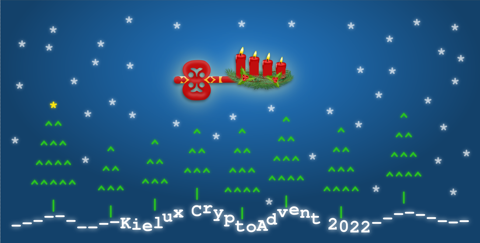 Unter einem ASCII-Kunst-Bild von Tannen vor einem Sternenhimmel erscheint der Schriftzug ---Kielux CryptoAdvent 2022---