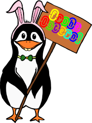 Ein Pinguin im Hasenkostüm mit Osterschild